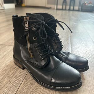 Tara M Loris Combat Boots Tie and Zipper Zip Up Black Leather Sz 39 US 8.5